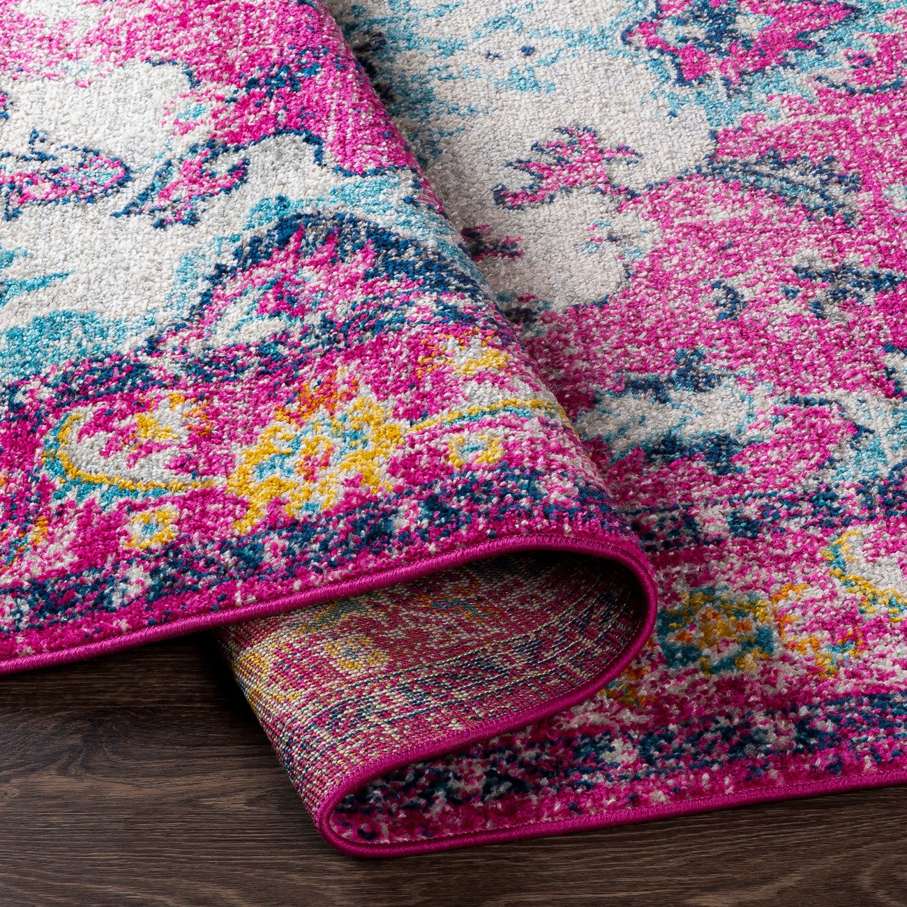 ADITY Vintage Traditional Oriental Boho Bright Pink Area Rug Fold