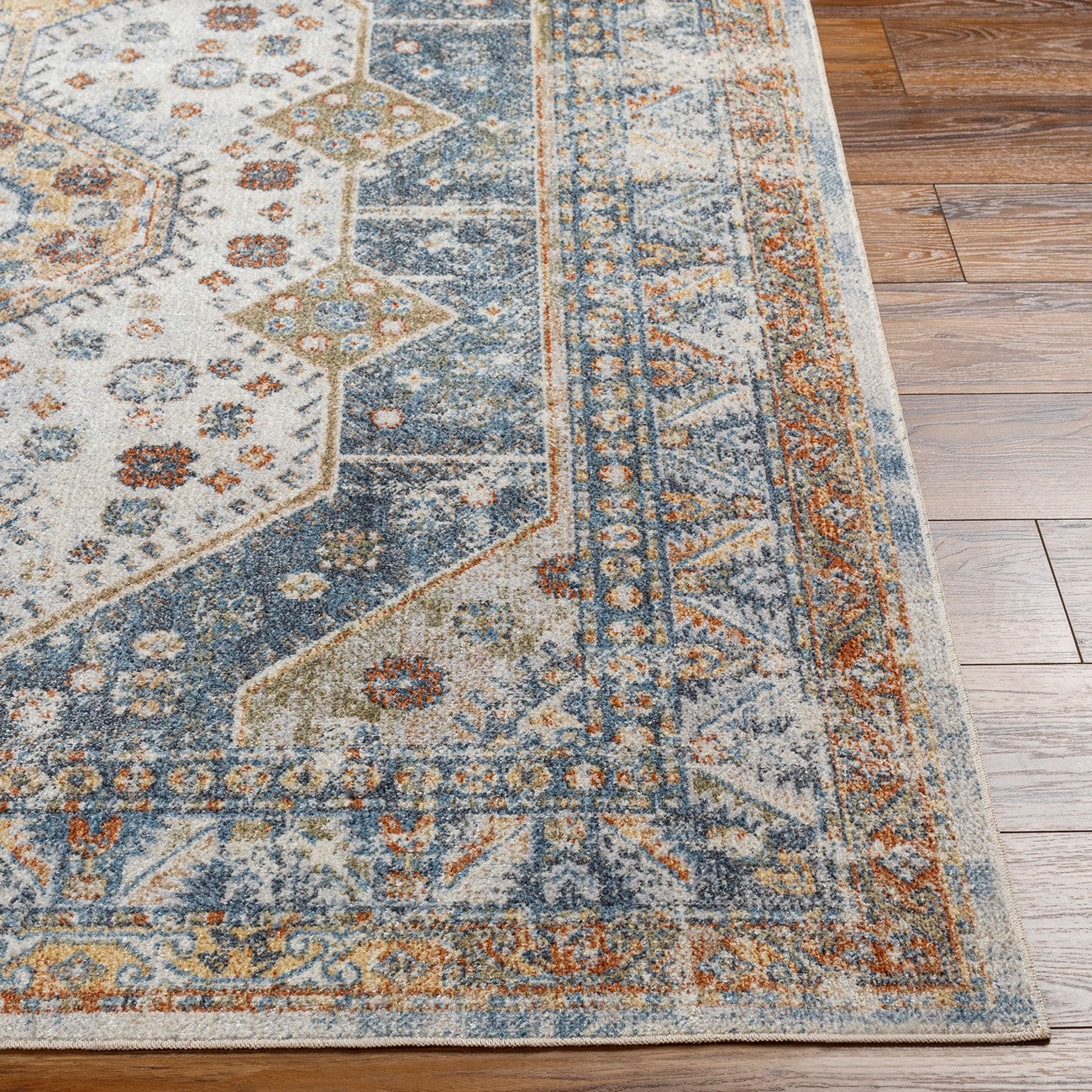 ALKA Machine Washable Traditional Boho Denim Area Rug Front