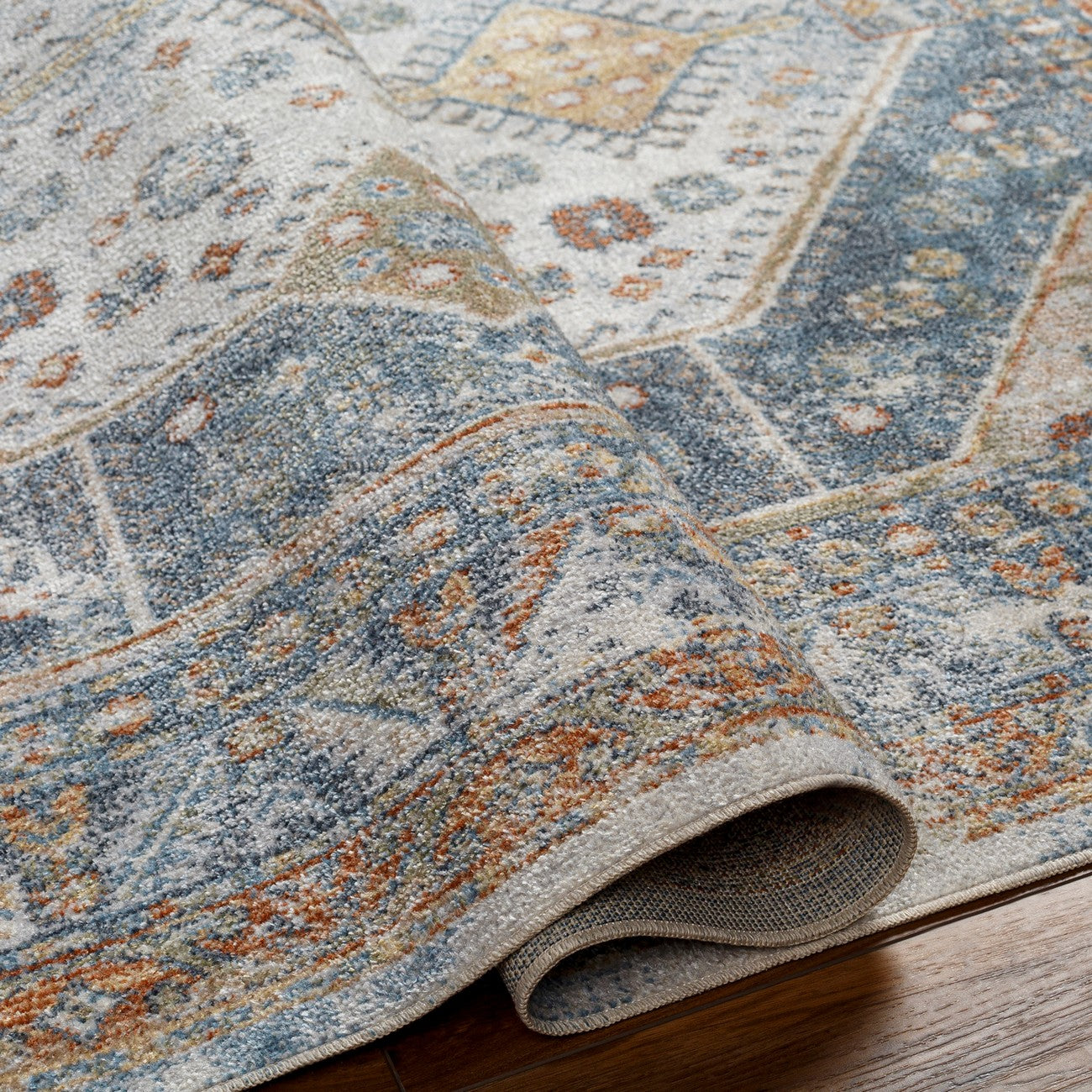 ALKA Machine Washable Traditional Boho Denim Area Rug Fold