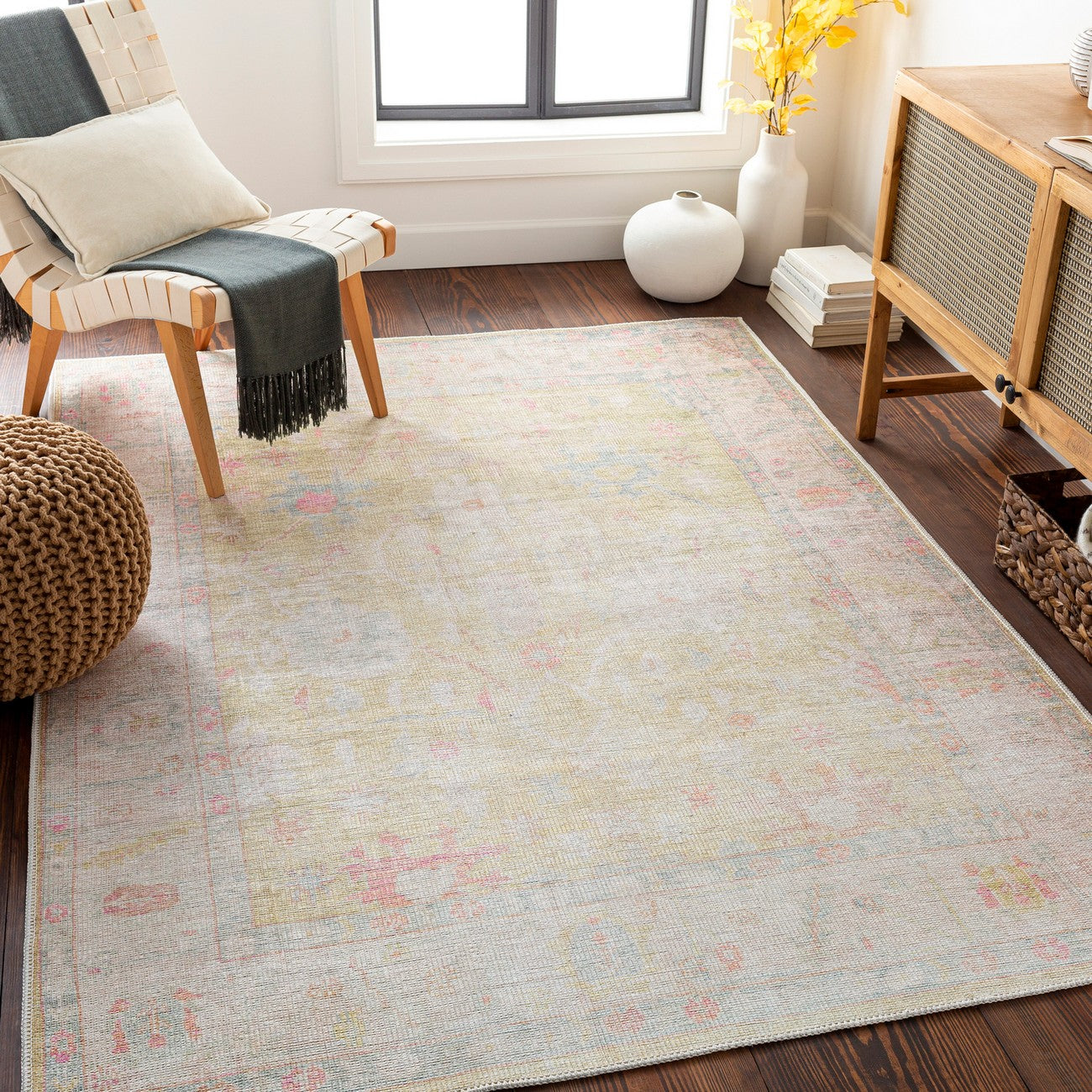 AMARI Machine Washable Traditional Boho Sage Area Rug Roomscene