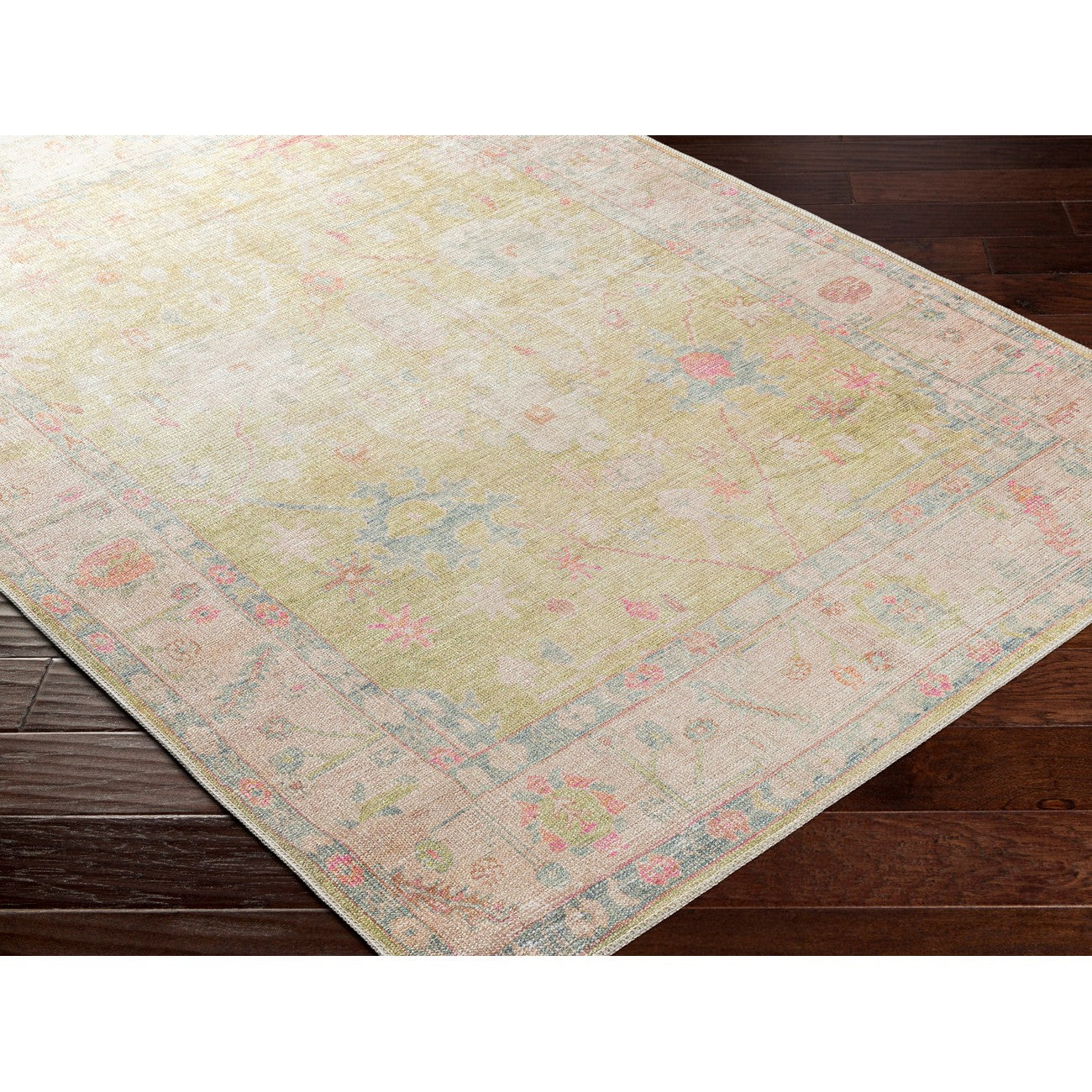 AMARI Machine Washable Traditional Boho Sage Area Rug Corner