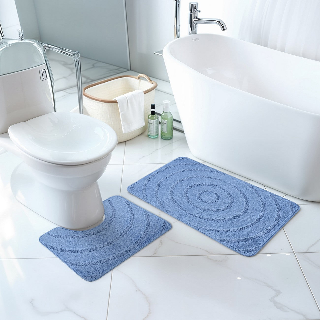 APRIL Piece Machine Washable Non-Slip Blue Bathroom Rug Set Blue
