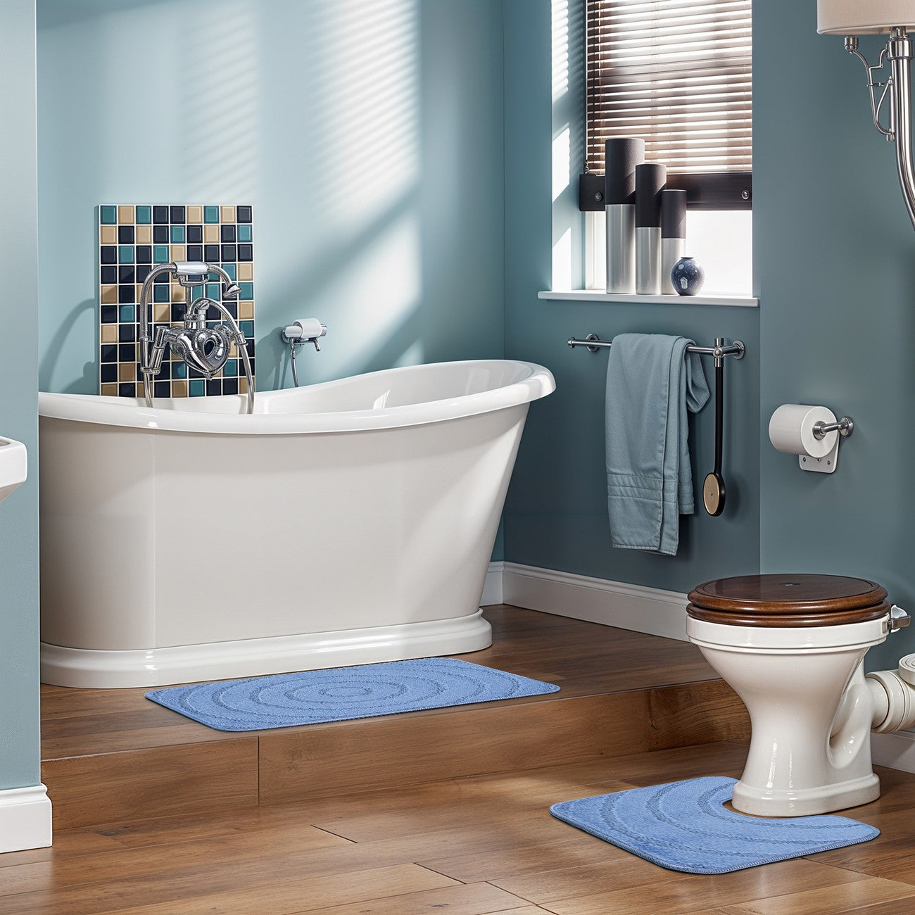 APRIL Piece Machine Washable Non-Slip Blue Bathroom Rug Set Blue