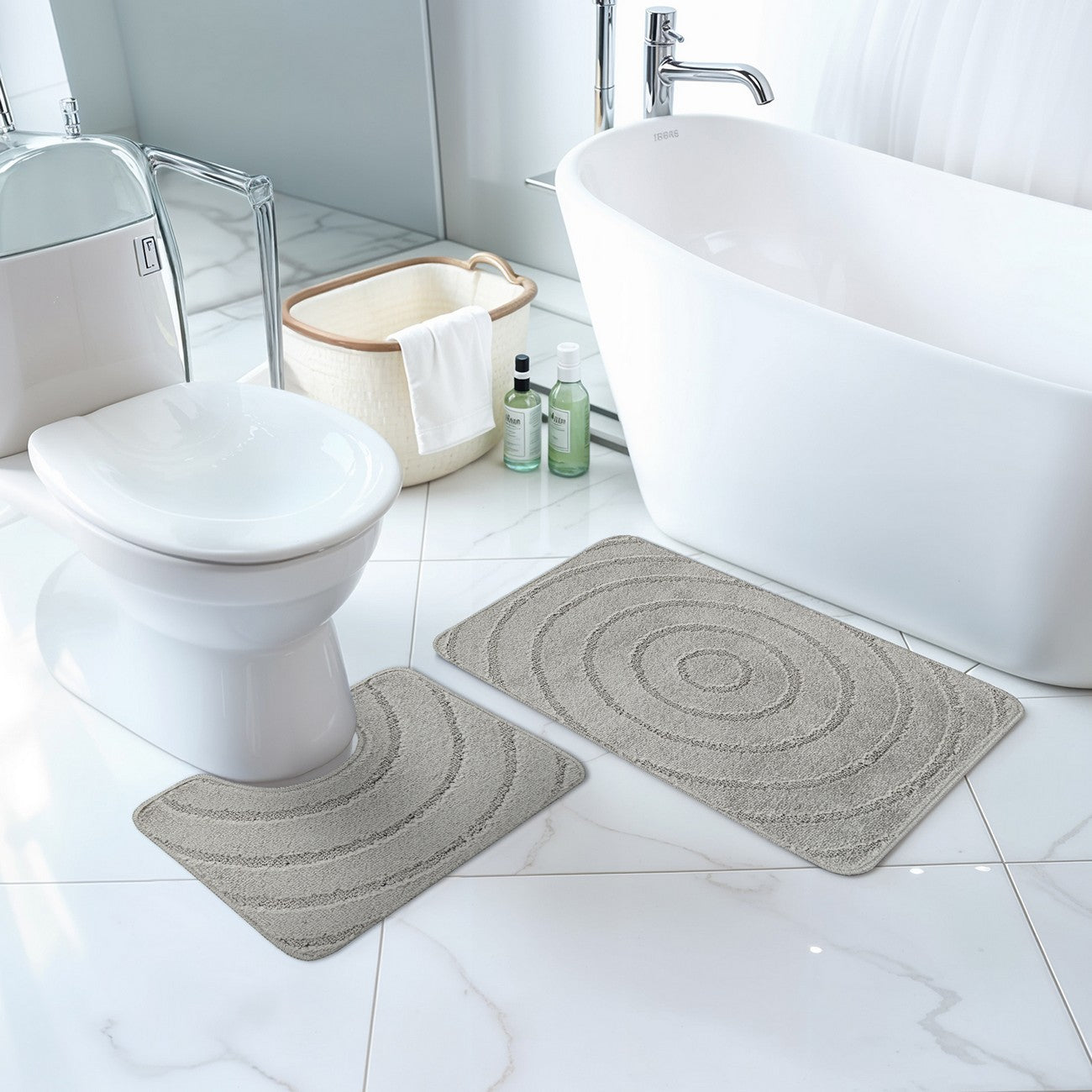APRIL 2 Piece Machine Washable Non-Slip Light Grey Bathroom Rug Set Roomscene