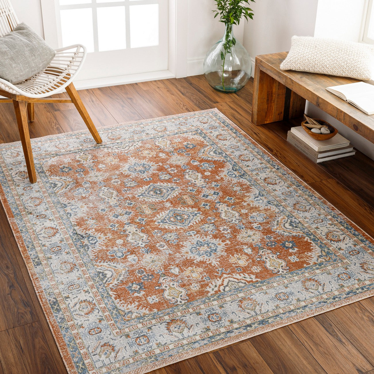 AVNI Machine Washable Traditional Boho Burnt Orange Area Rug Roomscene