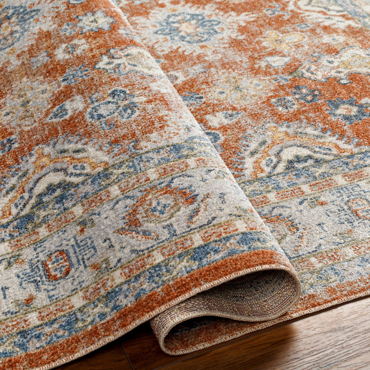 AVNI Machine Washable Traditional Boho Burnt Orange Area Rug Fold