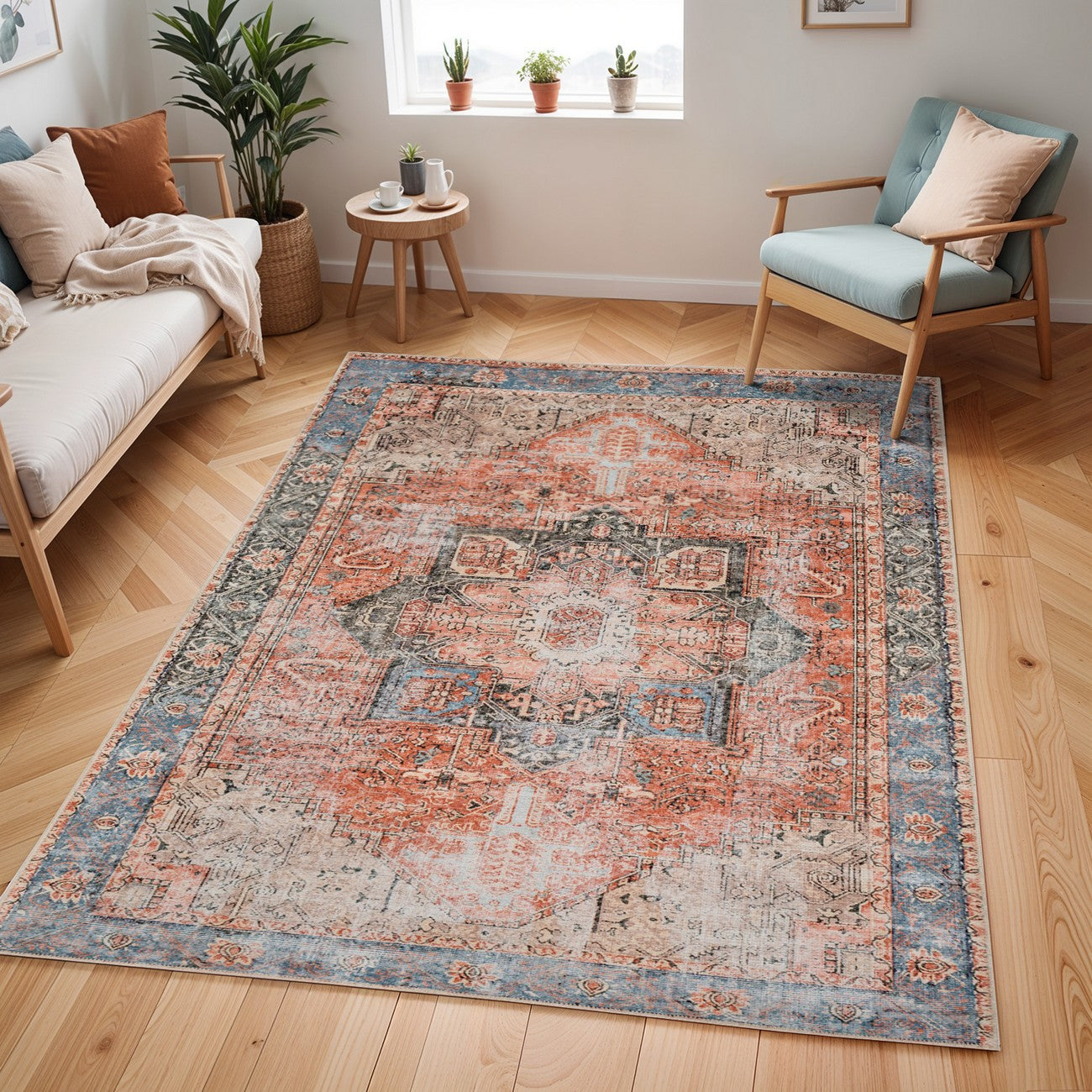LANA Machine Washable Traditional Boho Brown/Tan/Ivory Area Rug Roomscene