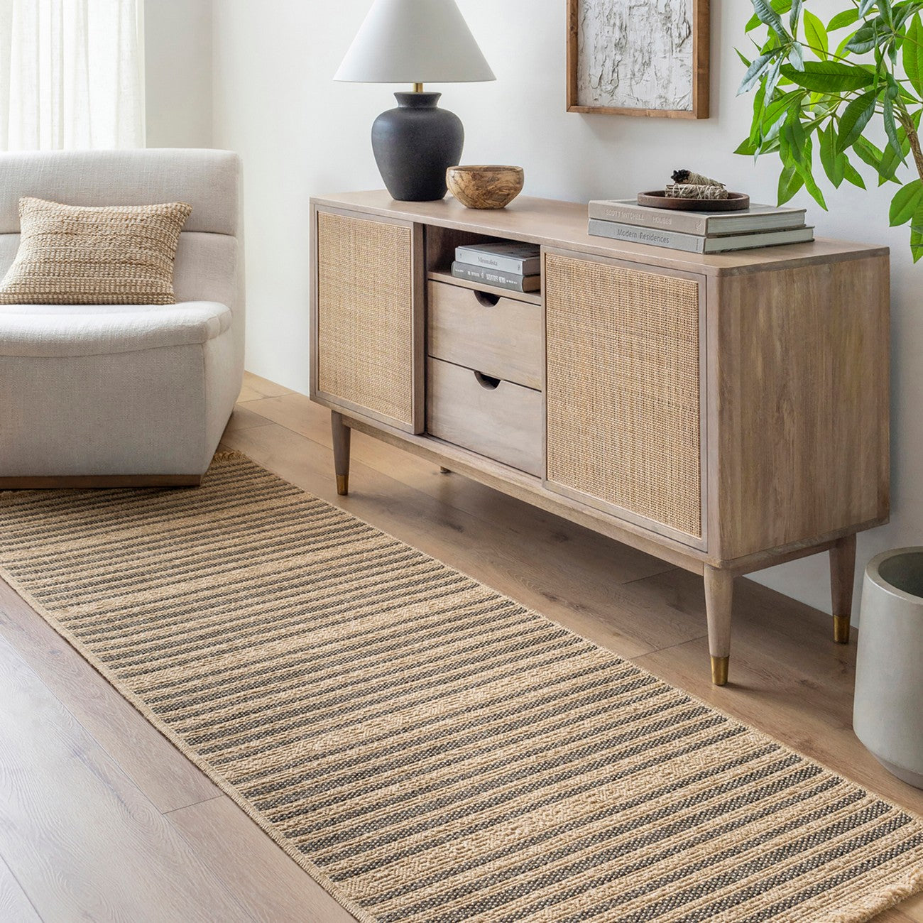 BETSY Indoor & Outdoor Cottage Jute-Look Brown Striped Area Rug Roomscene