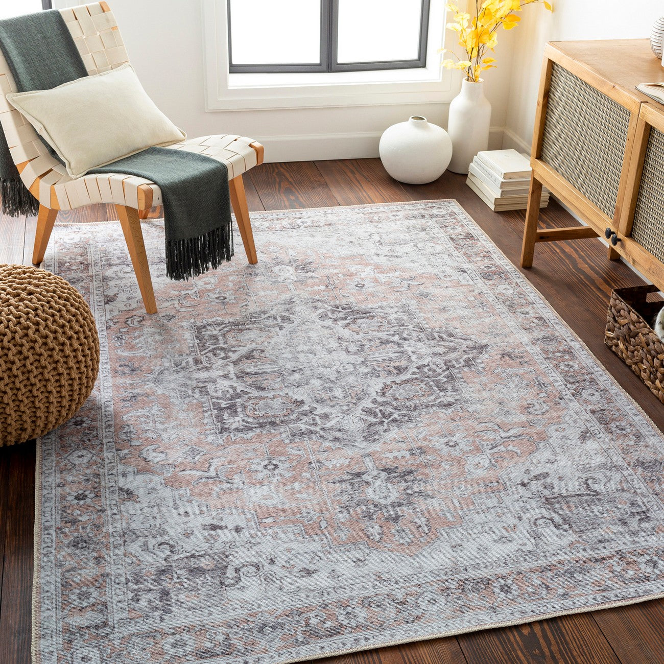 CAPUCINE Machine Washable Modern Boho Grey Area Rug