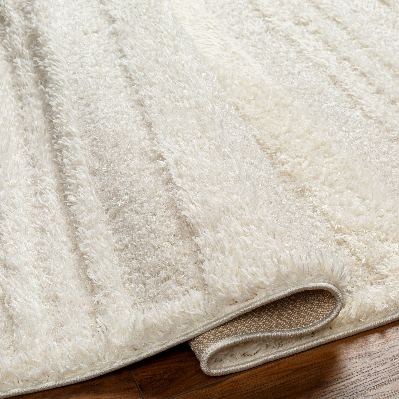 CHUMINI Shaggy Modern Plush Pile Cream Striped Area Rug Fold
