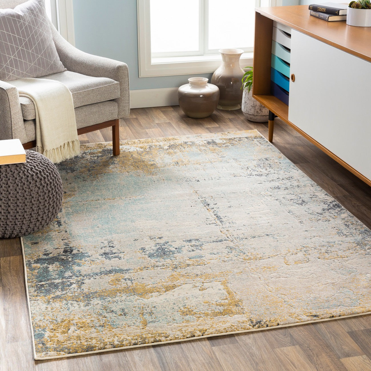 BELLATRIX Abstract Modern Marble Mustard Area Rug Roomscene