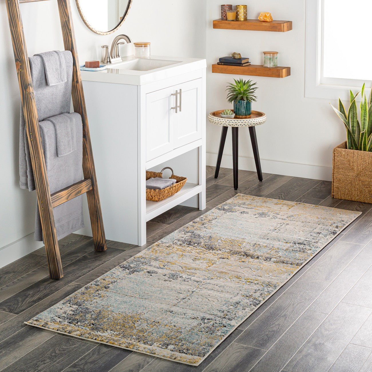 BELLATRIX Abstract Modern Marble Mustard Area Rug Roomscene