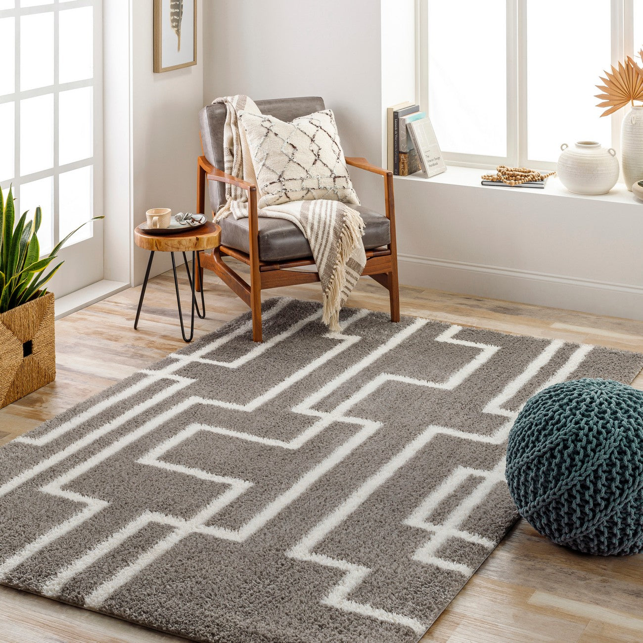 SCARTLETT Shaggy Modern Plush Pile Dark Grey Area Rug Roomscene
