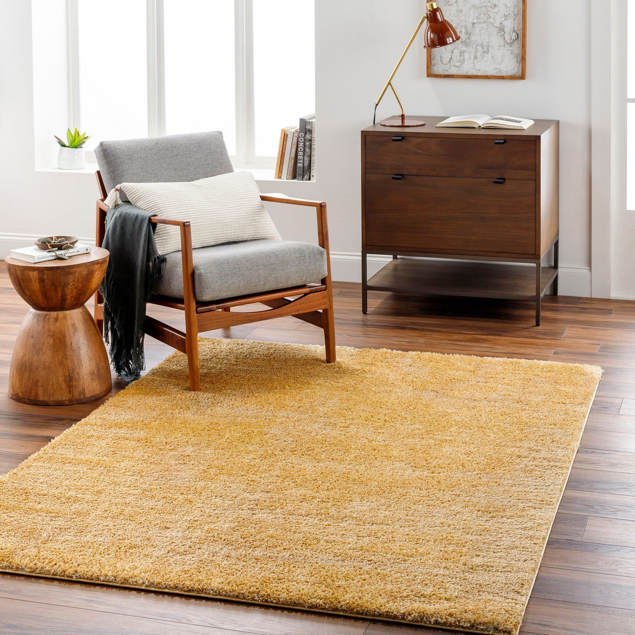 CLAIRE Round Shaggy Solid Color Plush Pile Mustard Area Rug Roomscene