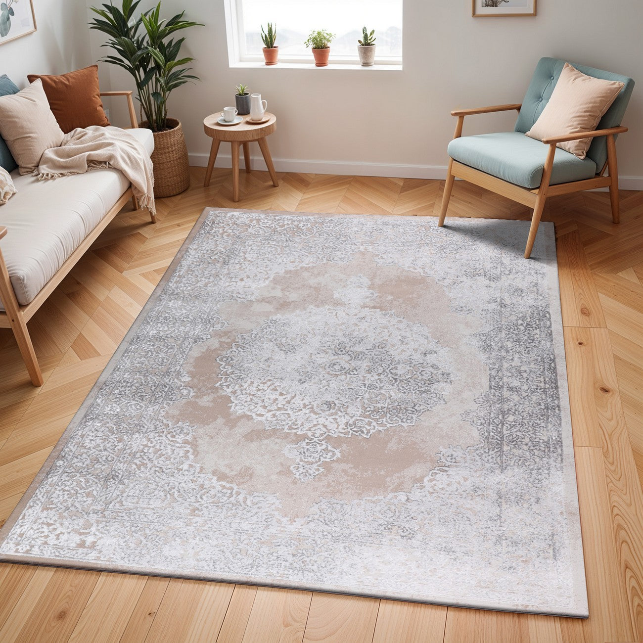 DEFNE Vintage Traditional Oriental Boho Beige/White Area Rug Roomscene