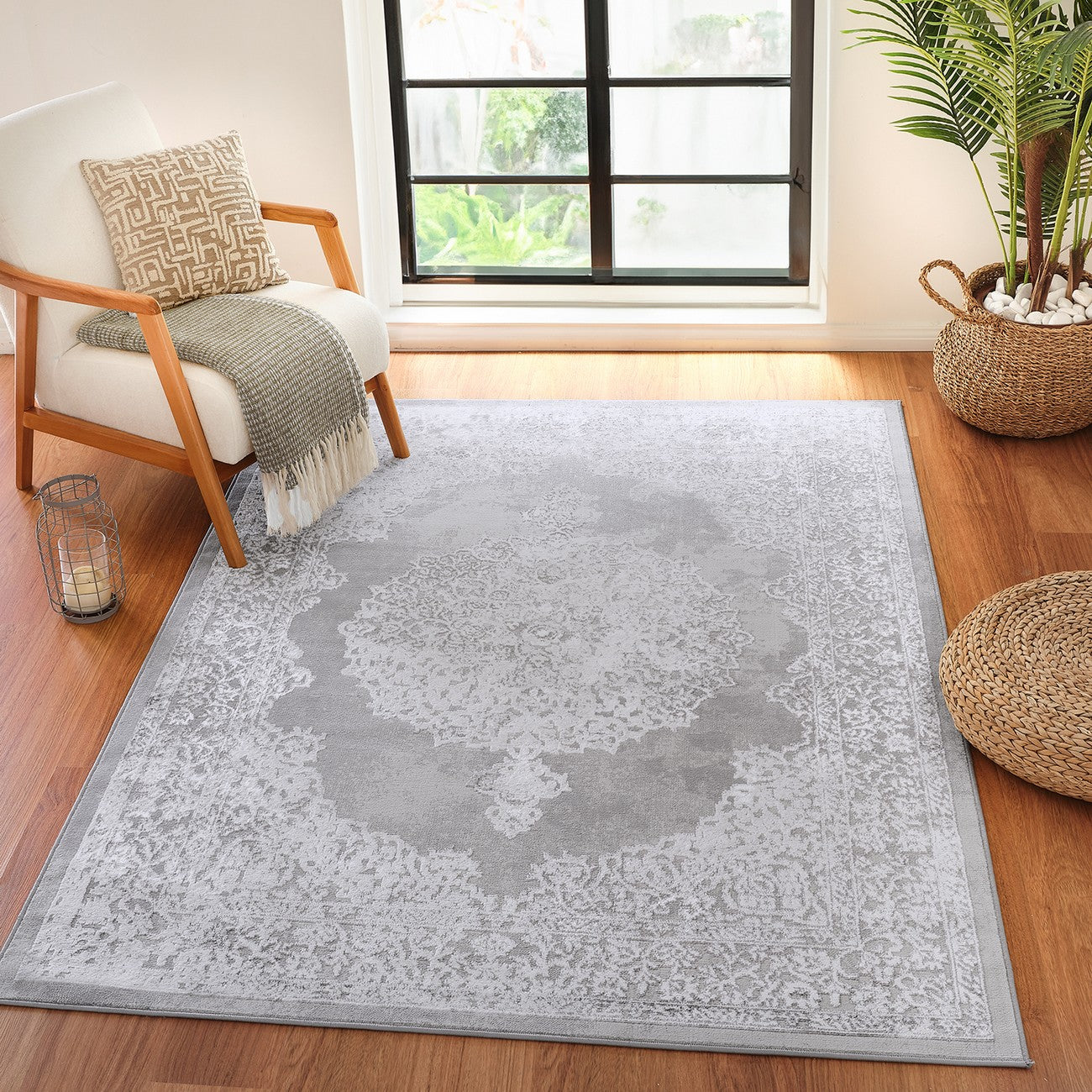 DEFNE Vintage Traditional Oriental Boho White/Grey Area Rug Roomscene