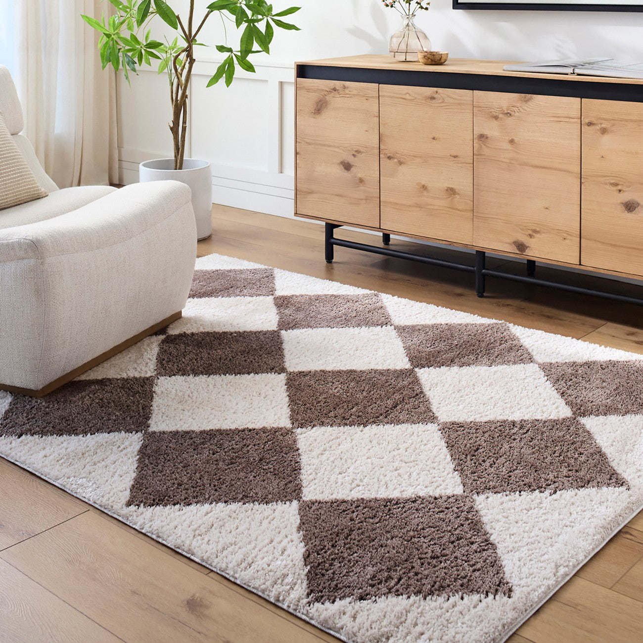 DELINE Machine Washable Modern Shaggy Dark Brown Area Rug Roomscene