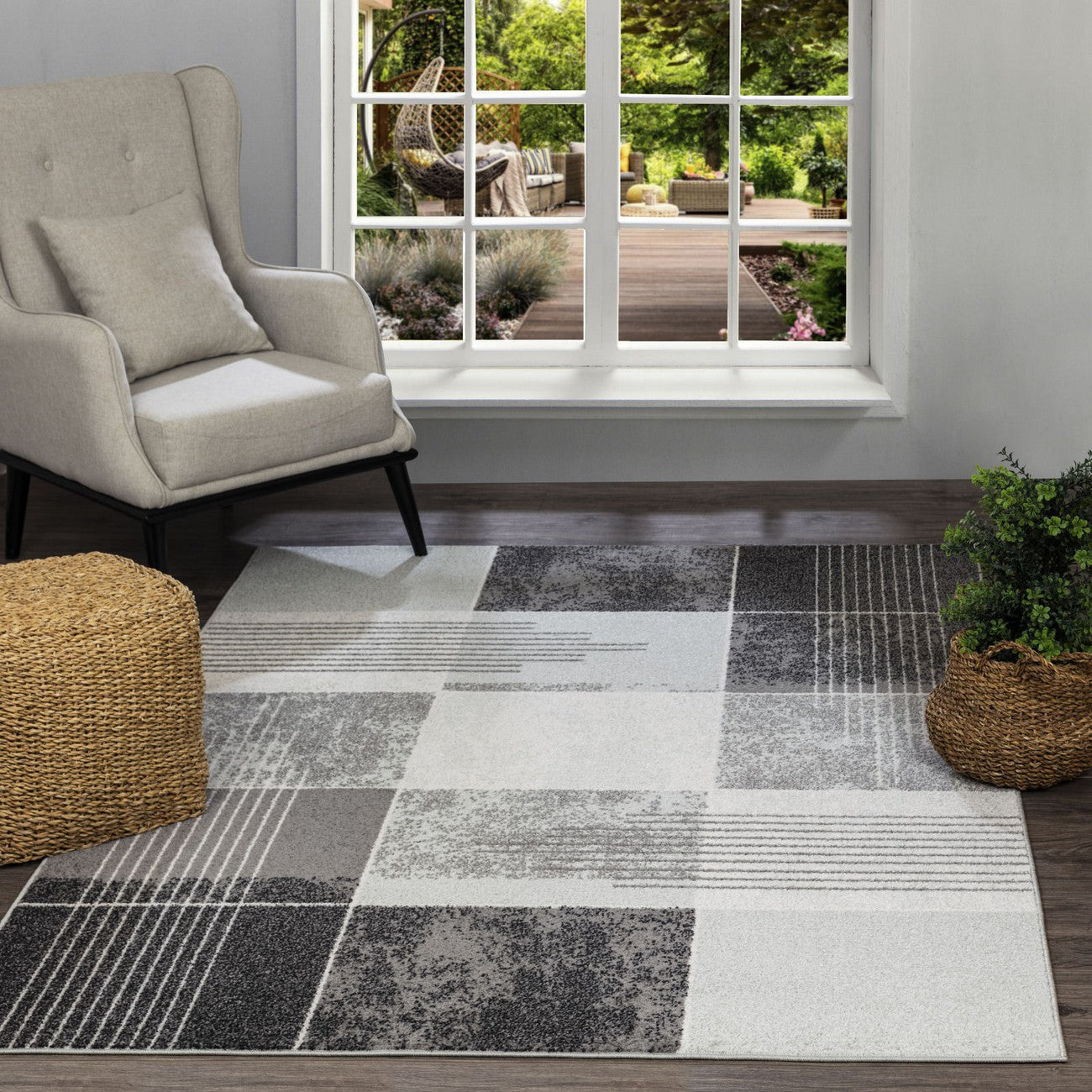 DENISE Scandi Geometric Black Area Rug Roomscene
