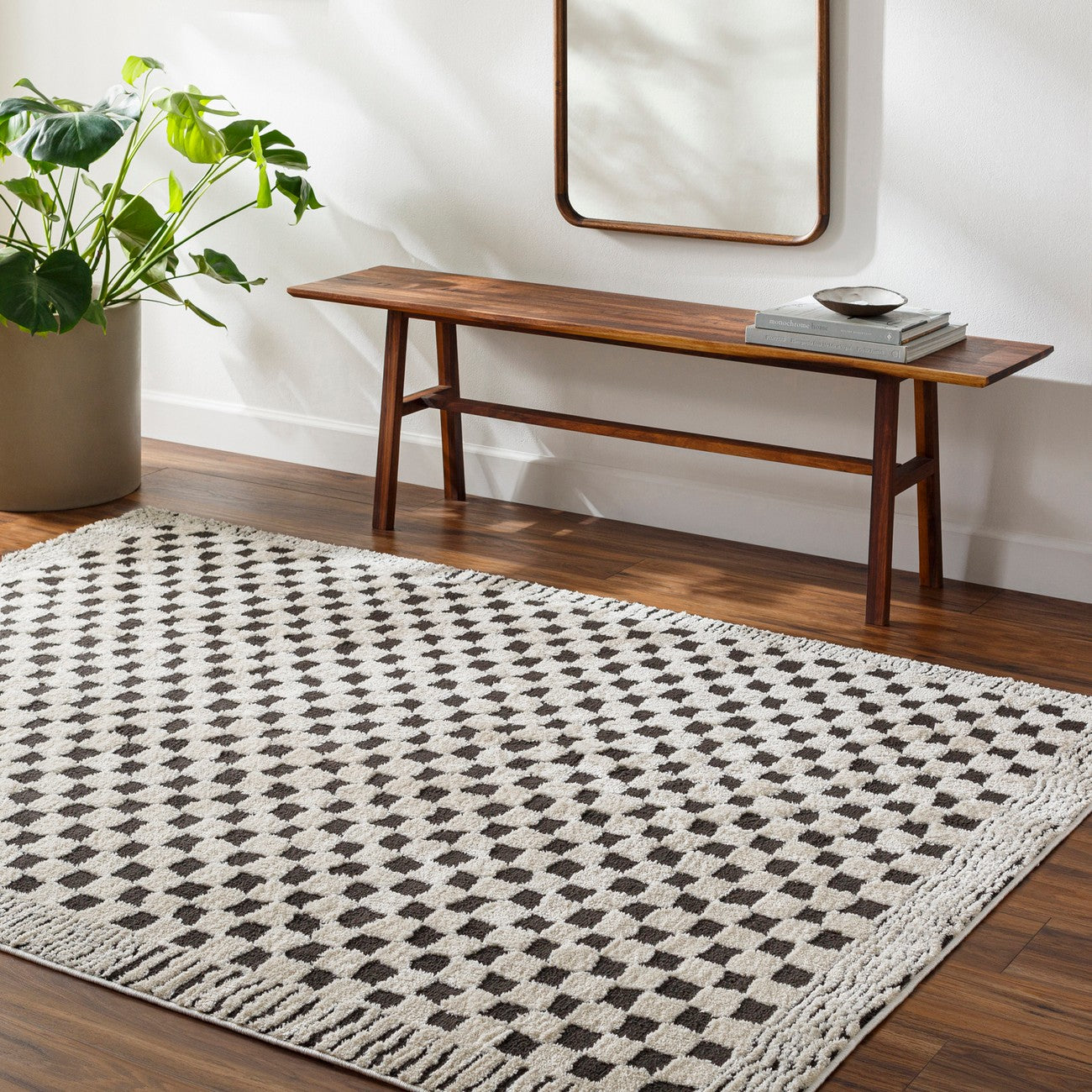 EKTA Scandi Modern High Pile Ivory/Black Checkered Area Rug
