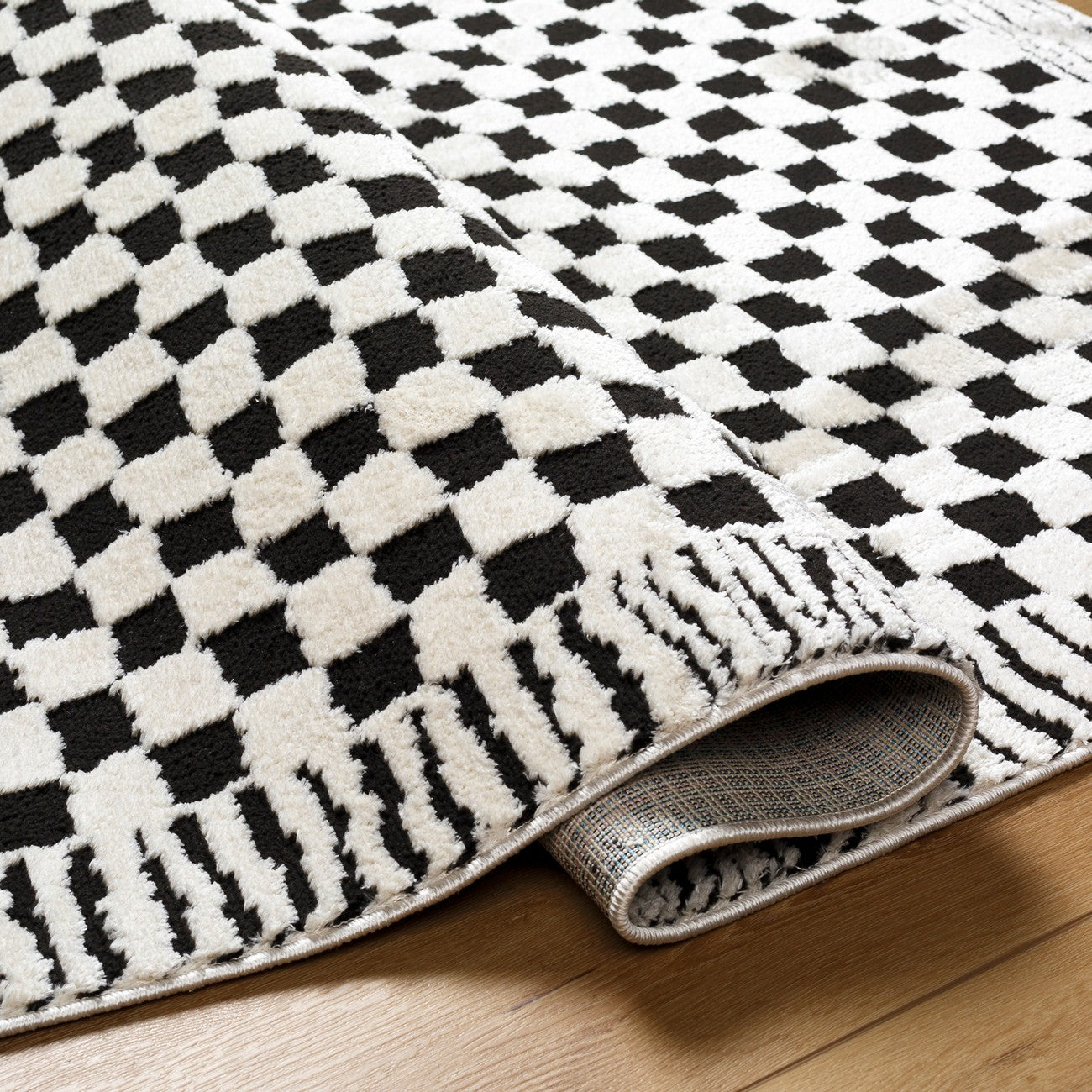 EKTA Scandi Modern High Pile Ivory/Black Checkered Area Rug