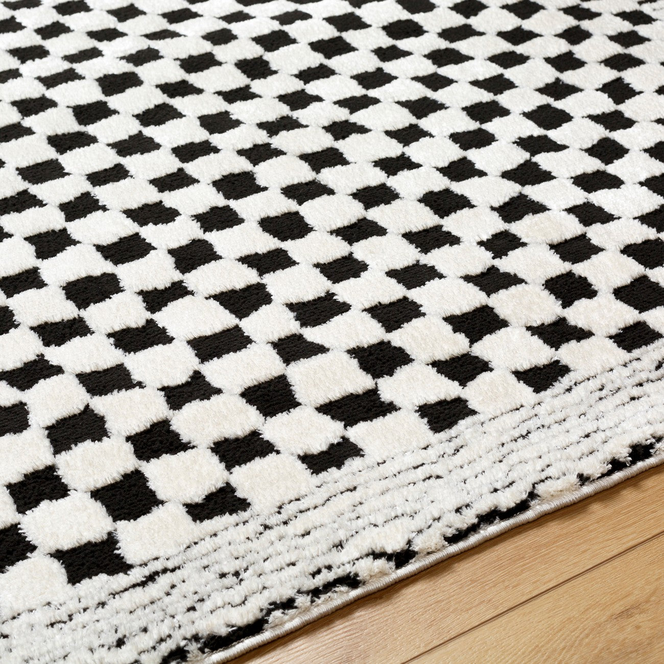 EKTA Scandi Modern High Pile Ivory/Black Checkered Area Rug Texture