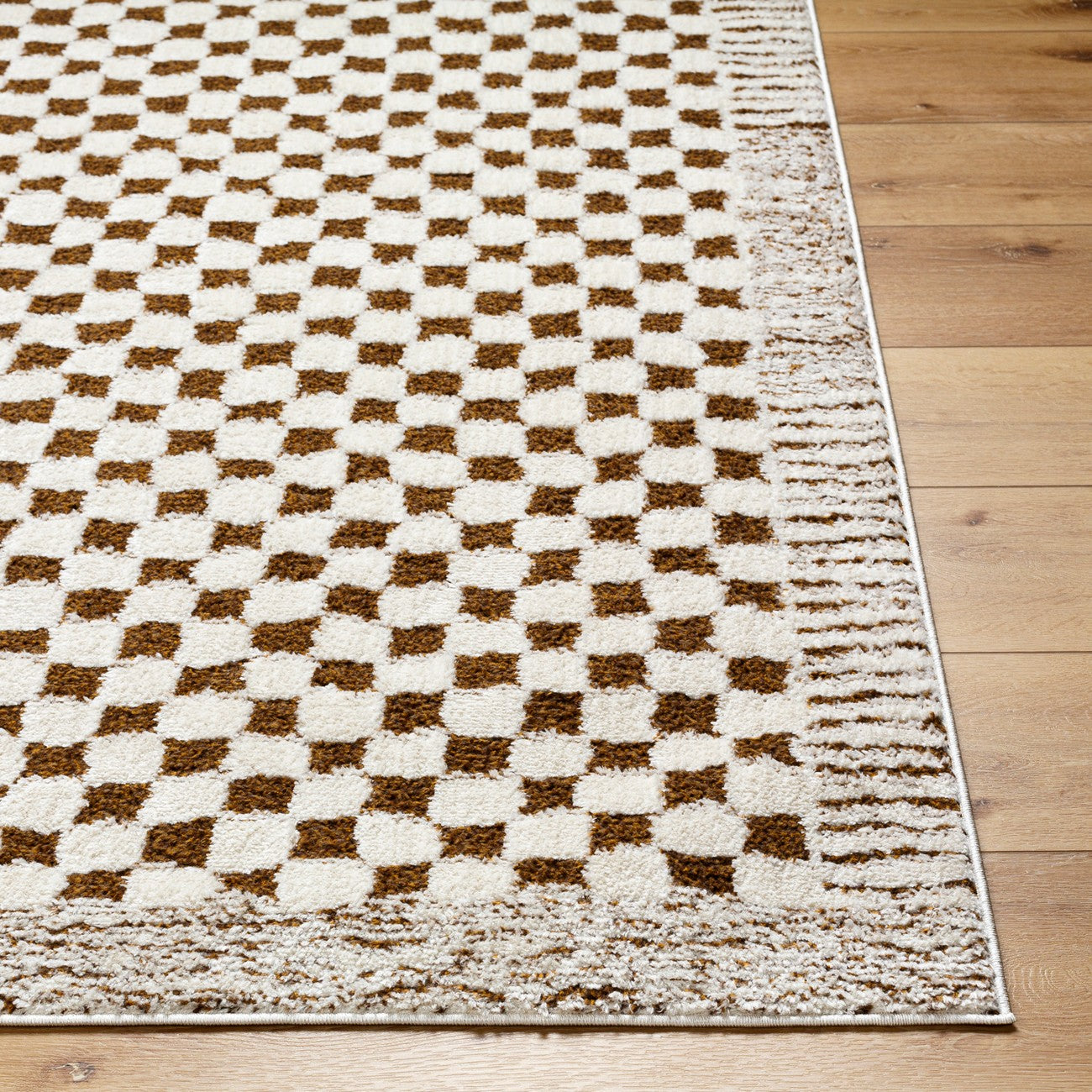 EKTA Scandi Modern High Pile Ivory/Brown Checkered Area Rug Front