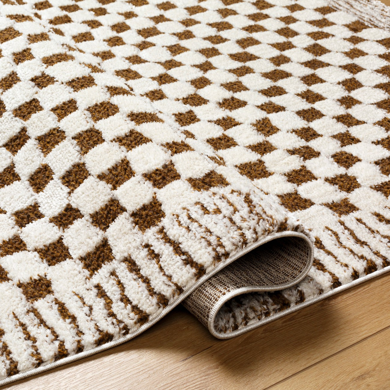 EKTA Scandi Modern High Pile Ivory/Brown Checkered Area Rug Fold