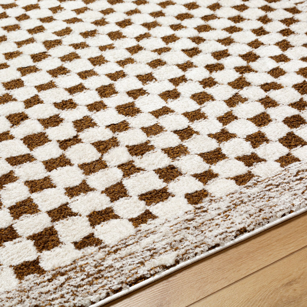 EKTA Scandi Modern High Pile Ivory/Brown Checkered Area Rug Texture