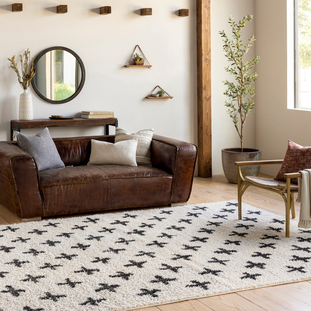 ELIZA Shaggy Modern Plush Pile Cream Area Rug Roomscene