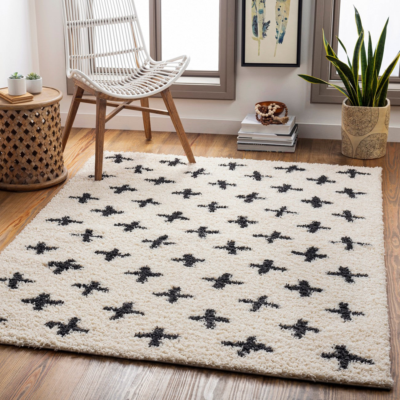 ELIZA Shaggy Modern Plush Pile Cream Area Rug Roomscene