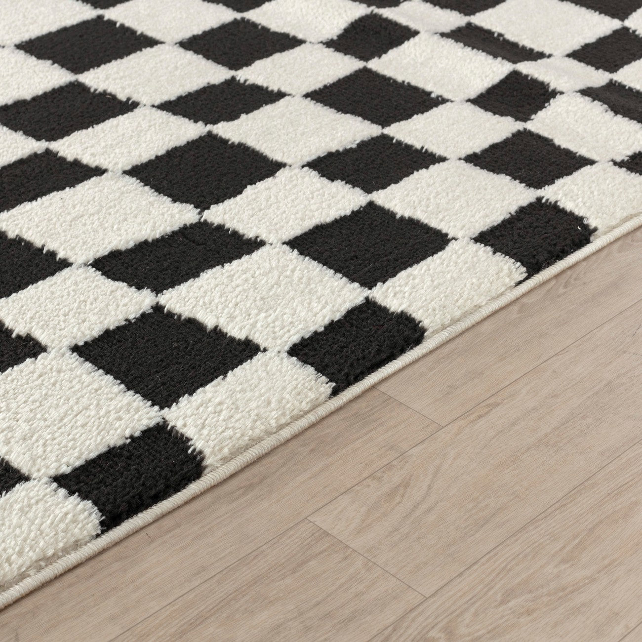 IRINA Scandi Modern High Pile Black/Ivory Checkered Area Rug Texture