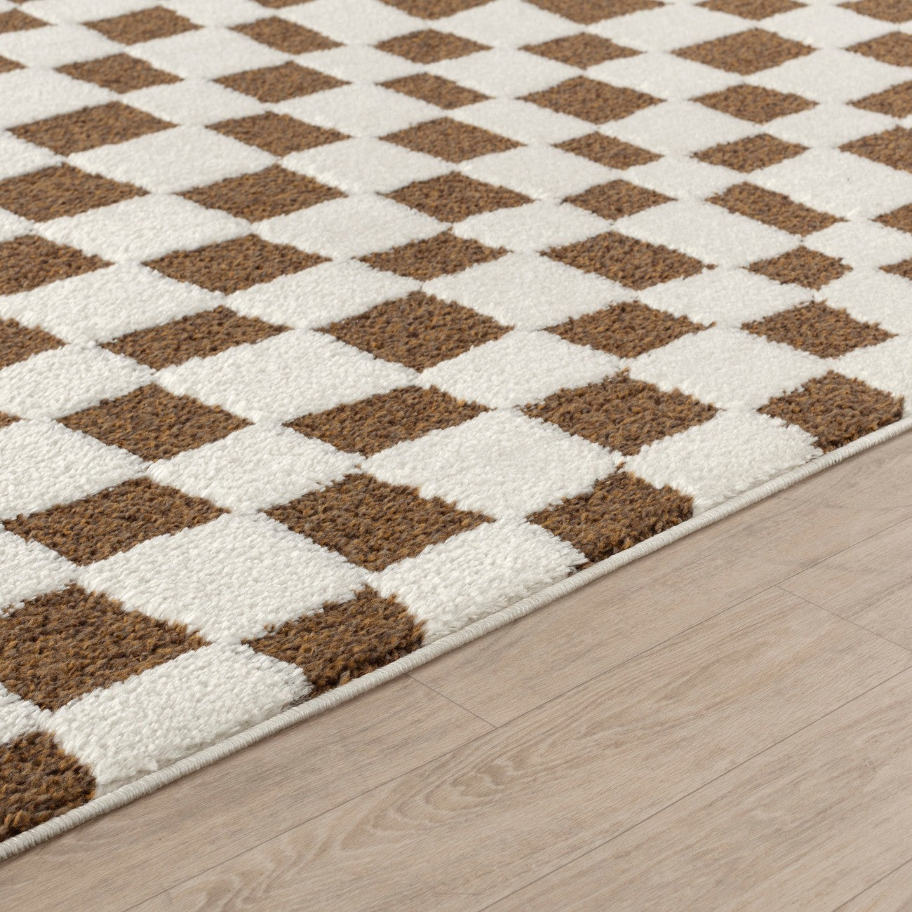 IRINA Scandi Modern High Pile Ivory/Brown Checkered Area Rug Texture