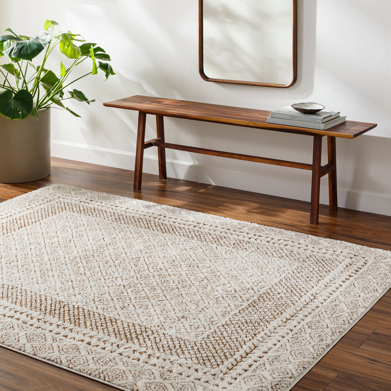 AMBRE Scandi Modern High Pile Ivory/Brown Area Rug Roomscene
