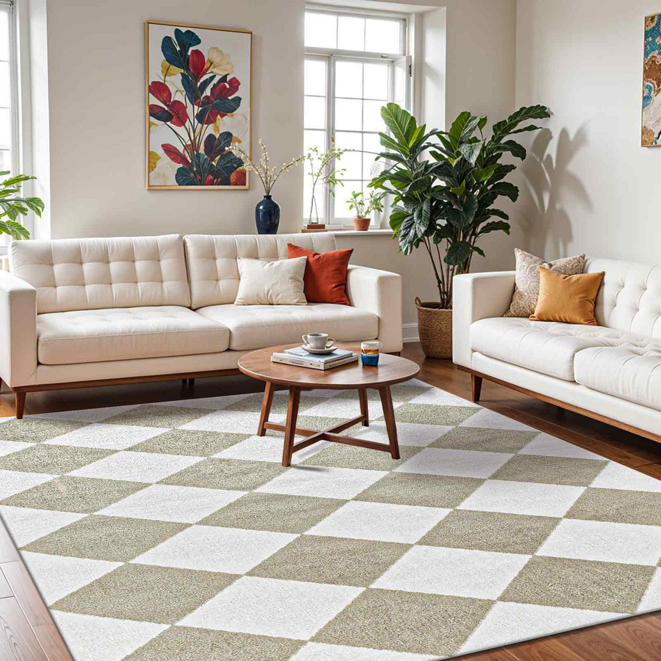 GHISLAINE Machine Washable Modern Boho Diamond Dusty Sage Area Rug Roomscene