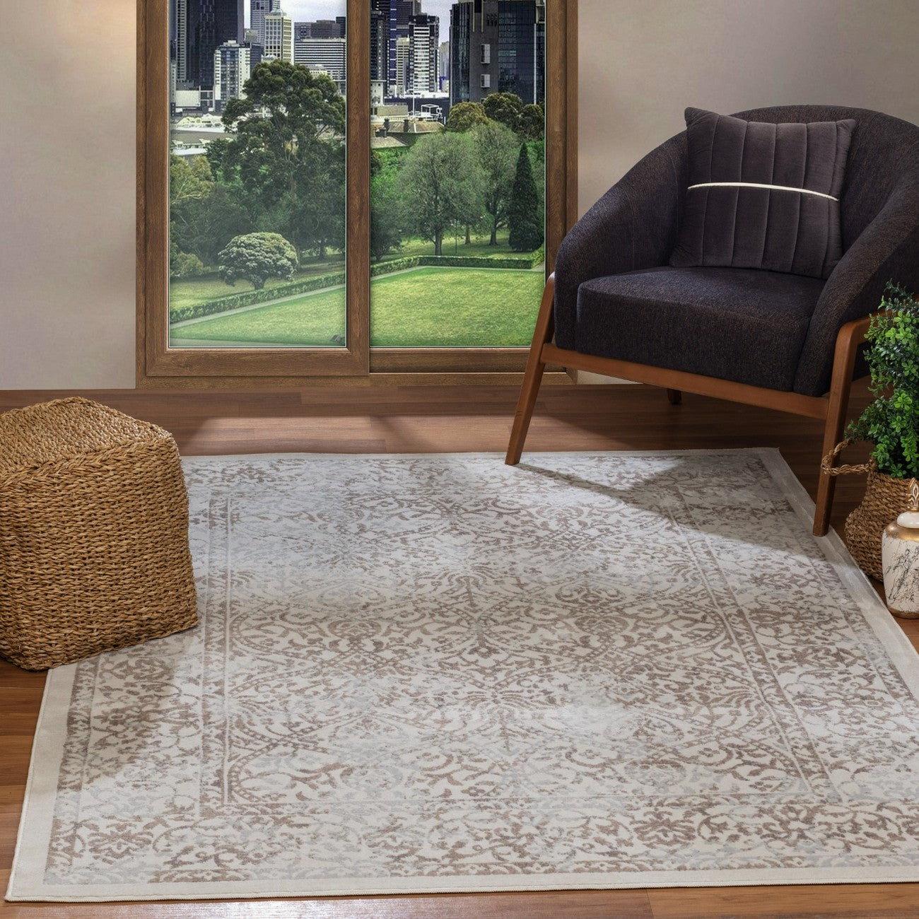 HAZEL Vintage Traditional Oriental Boho Tan/Ivory Area Rug