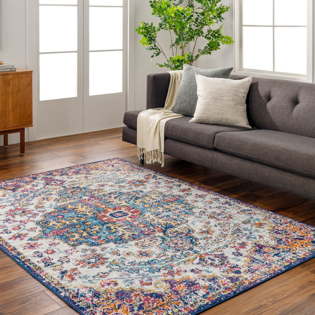 LOU Vintage Traditional Oriental Boho Orange/Dark Blue Area Rug Roomscene