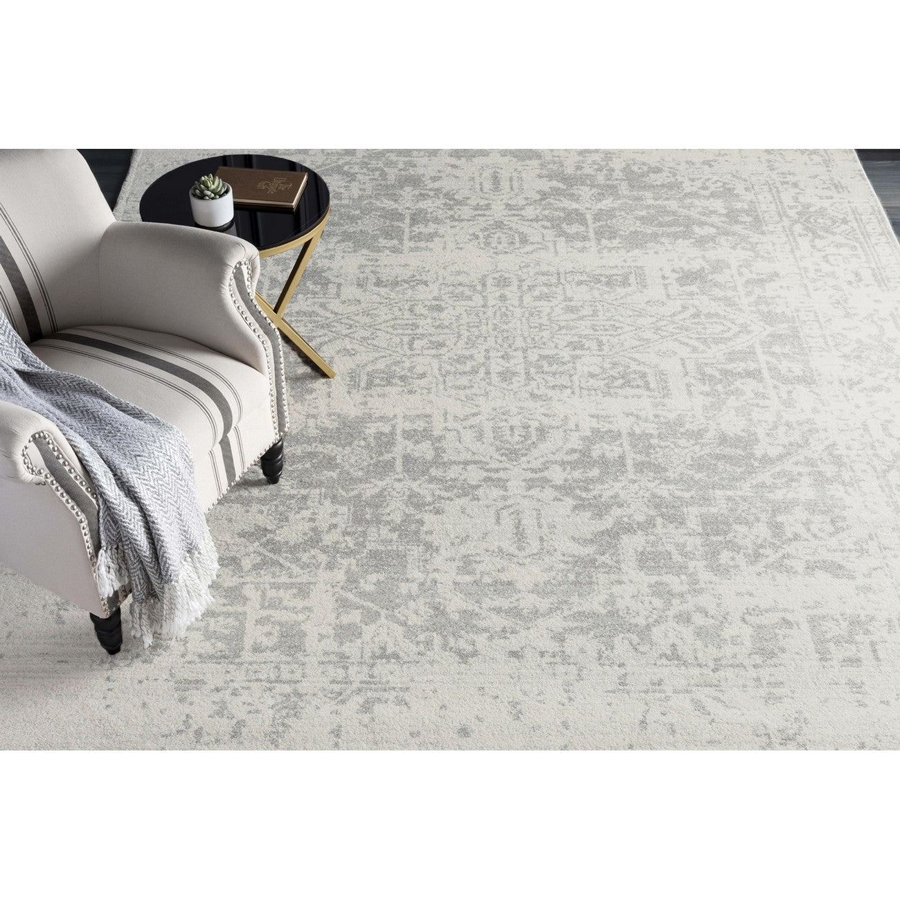 JULIETTE Vintage Traditional Oriental Boho Grey/White Area Rug Styleshot