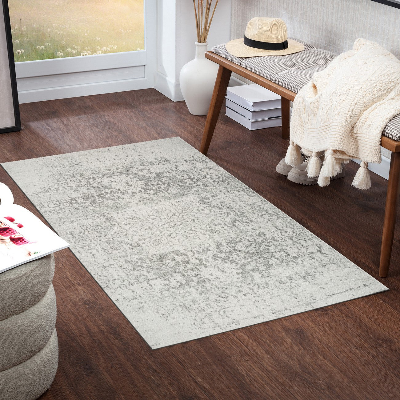 JULIETTE Vintage Traditional Oriental Boho Grey/White Area Rug Roomscene