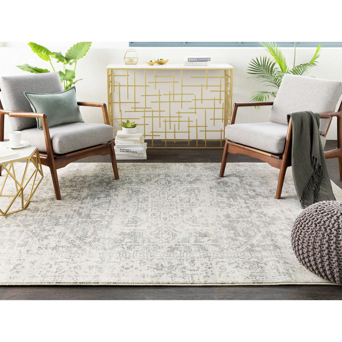 JULIETTE Vintage Traditional Oriental Boho Grey/White Area Rug Roomscene