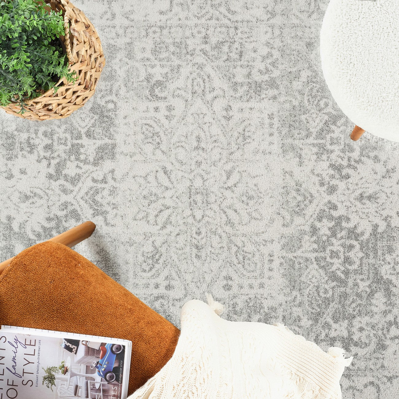 JULIETTE Vintage Traditional Oriental Boho Grey/White Area Rug Swatch
