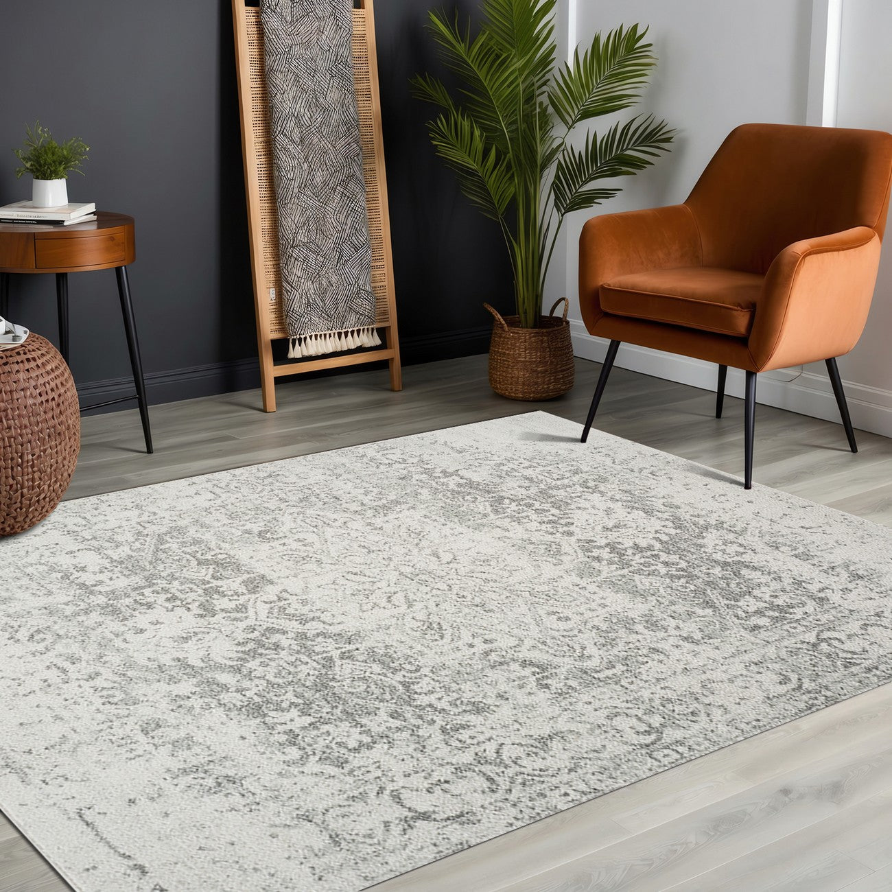 JULIETTE Vintage Traditional Oriental Boho Grey/White Area Rug Roomscene