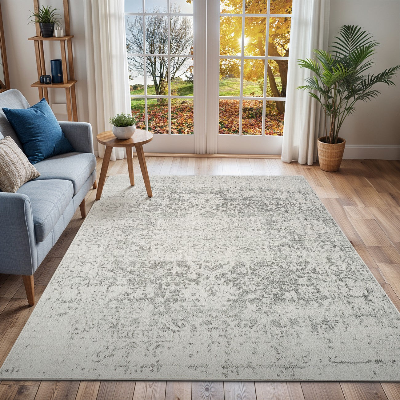 JULIETTE Vintage Traditional Oriental Boho Grey/White Area Rug Roomscene