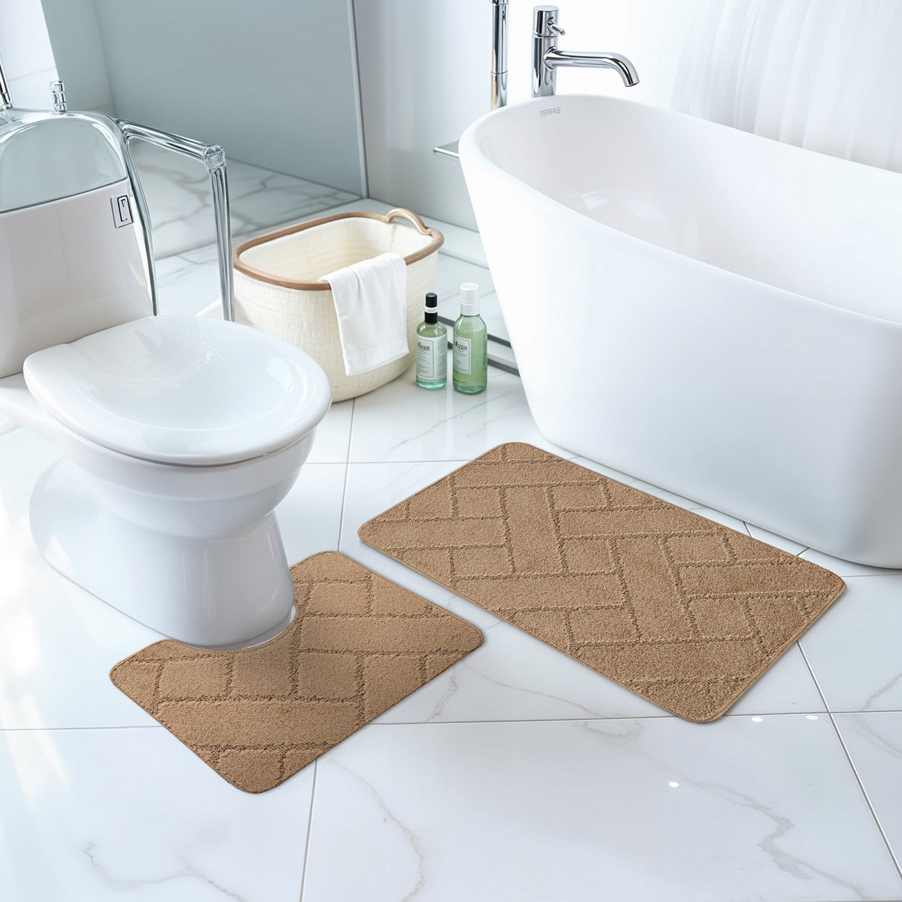 JUNIPER 2 Piece Machine Washable Non-Slip Brown Bathroom Rug Set Roomscene