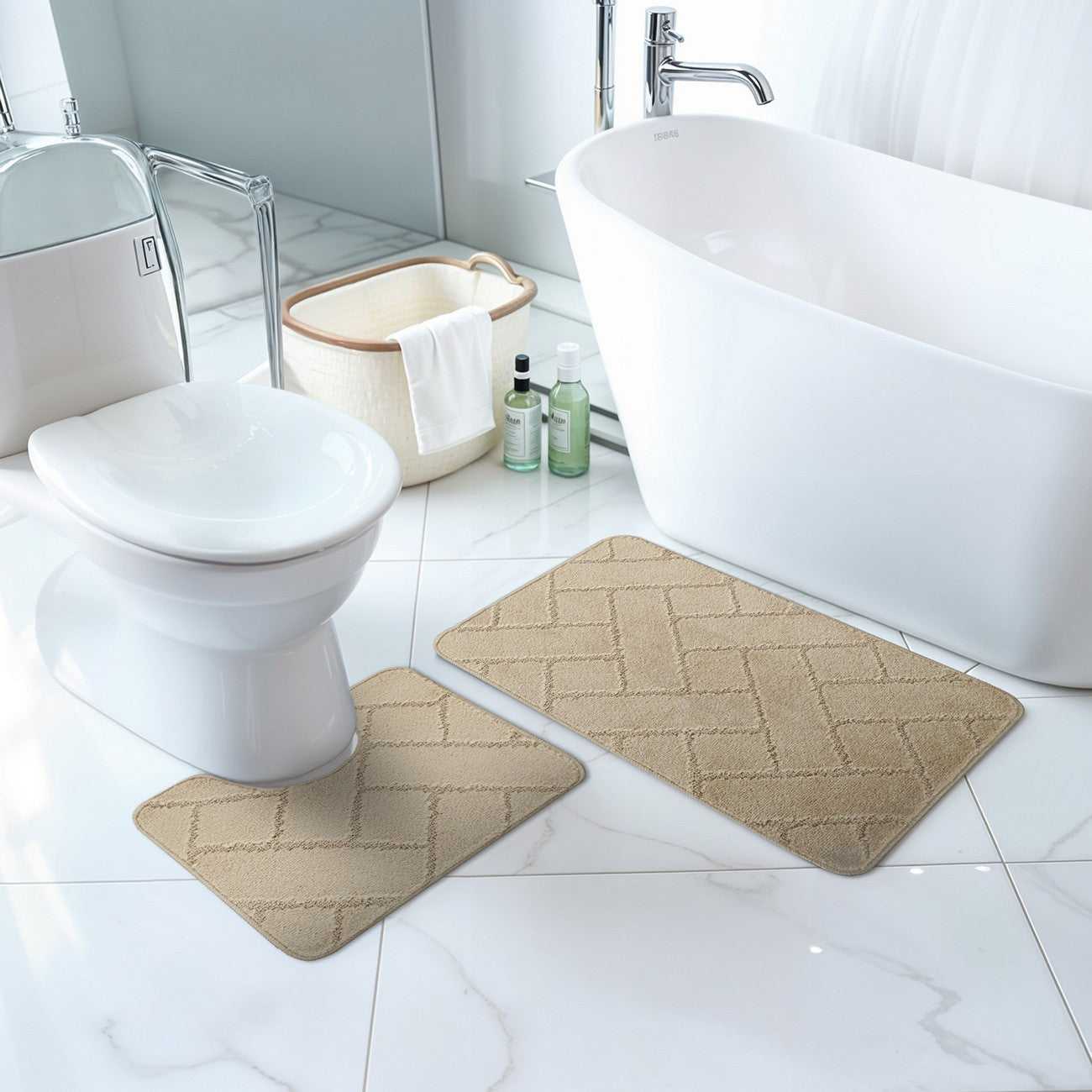 JUNIPER 2 Piece Machine Washable Non-Slip Light Beige Bathroom Rug Set Roomscene
