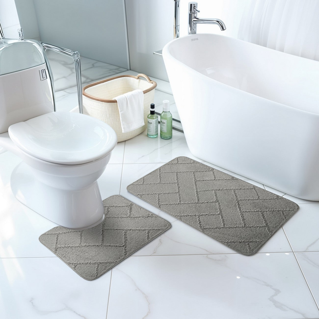 JUNIPER 2 Piece Machine Washable Non-Slip Light Grey Bathroom Rug Set Roomscene
