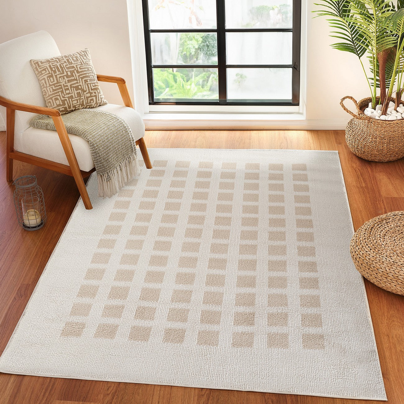 LAURINE Machine Washable Modern Shaggy Beige Area Rug