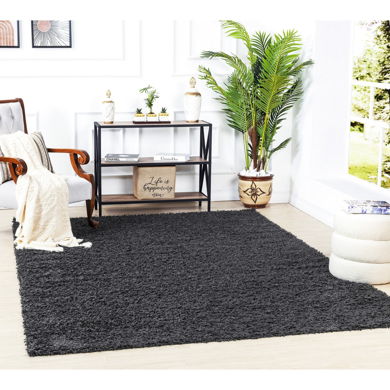LILLY Shaggy Solid Color Plush Pile Dark Grey Area Rug Roomscene