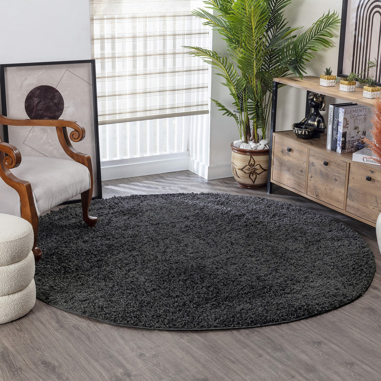 LILLY Shaggy Solid Color Plush Pile Dark Grey Area Rug Roomscene