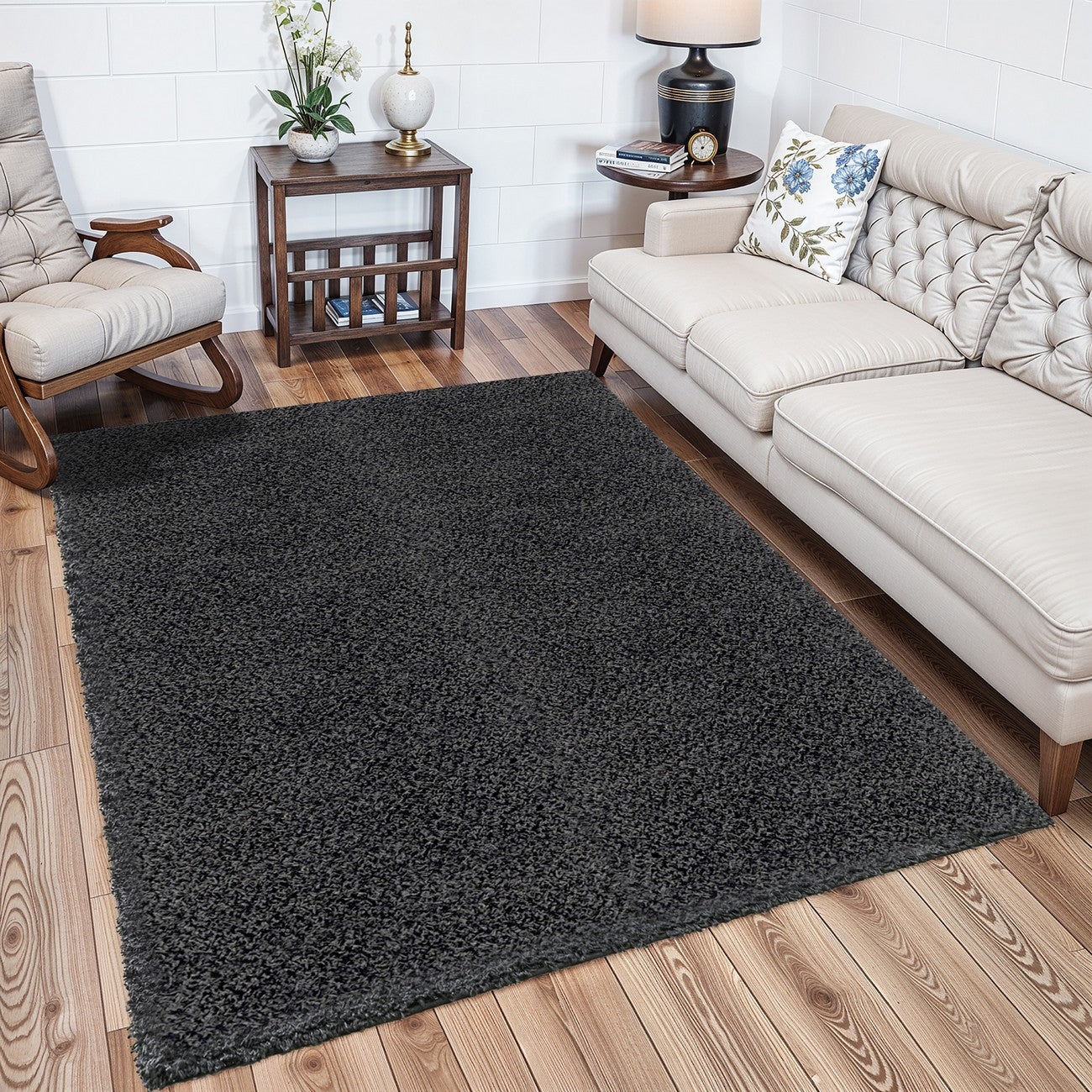 LILLY Shaggy Solid Color Plush Pile Dark Grey Area Rug Roomscene