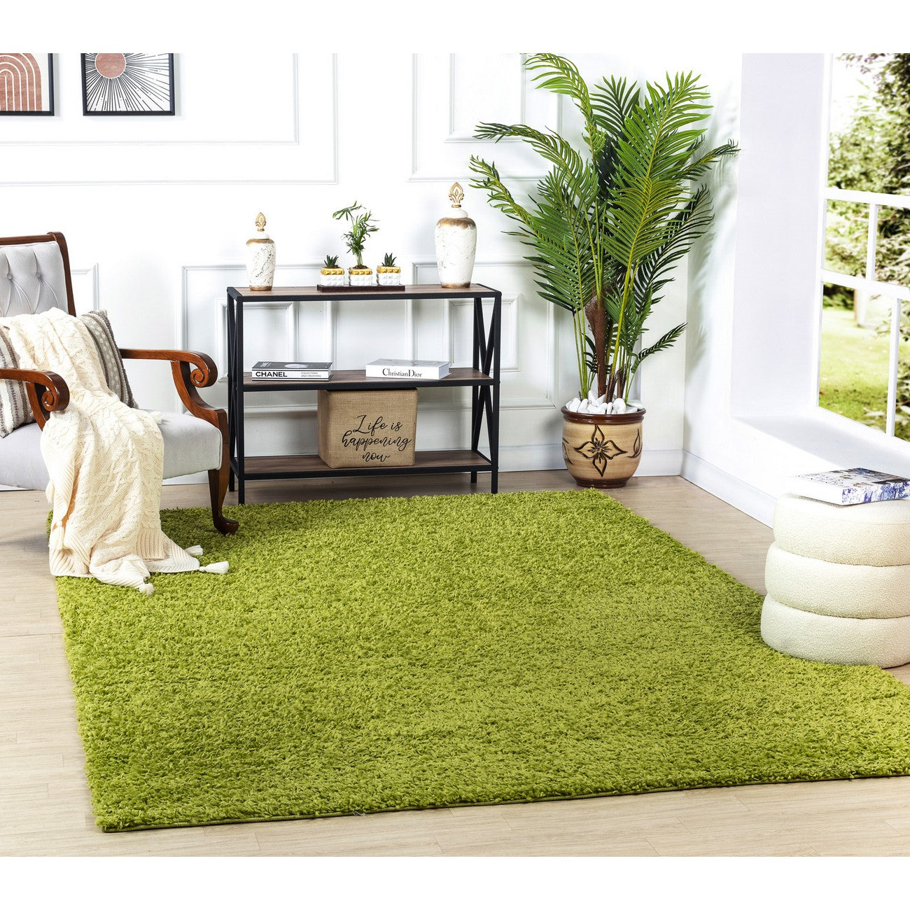LILLY Shaggy Solid Color Plush Pile Green Area Rug Roomscene